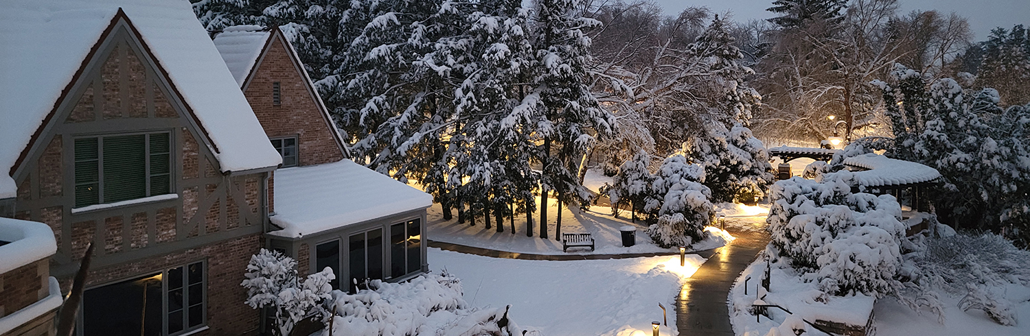 Snowy Woodson Art Museum exterior and walkway seen from above