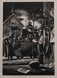 A group of men stand around with a cow in front of a barn