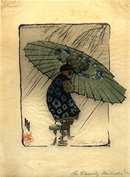 A young girl holding a paper umbrella against the rain