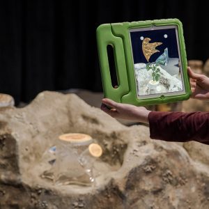 Pair of hands holding an IPad in front of sculpture, an image of flowers appears out of the stump on the IPad.