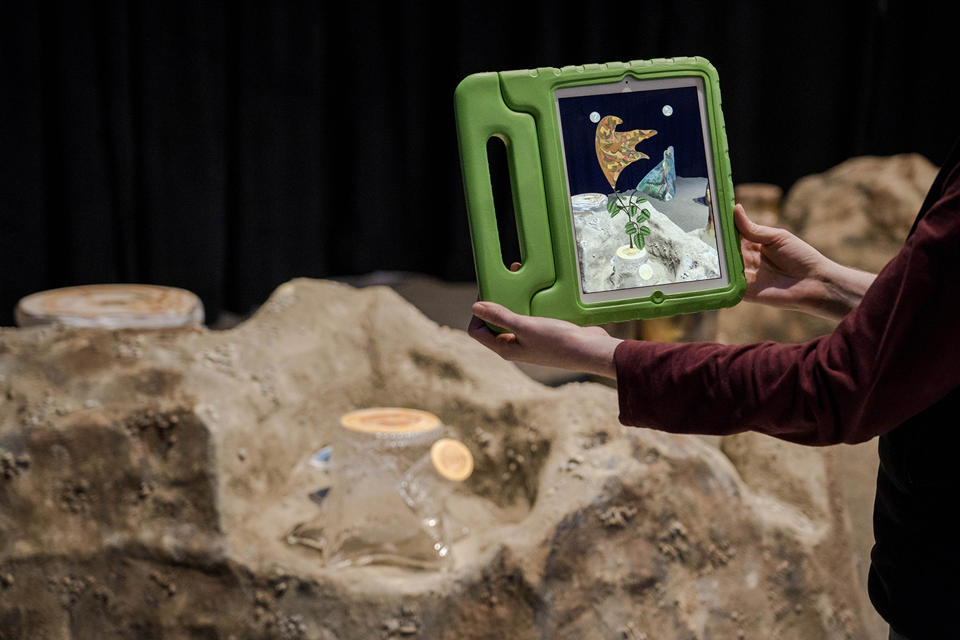 Pair of hands holding an IPad in front of sculpture, an image of flowers appears out of the stump on the IPad.