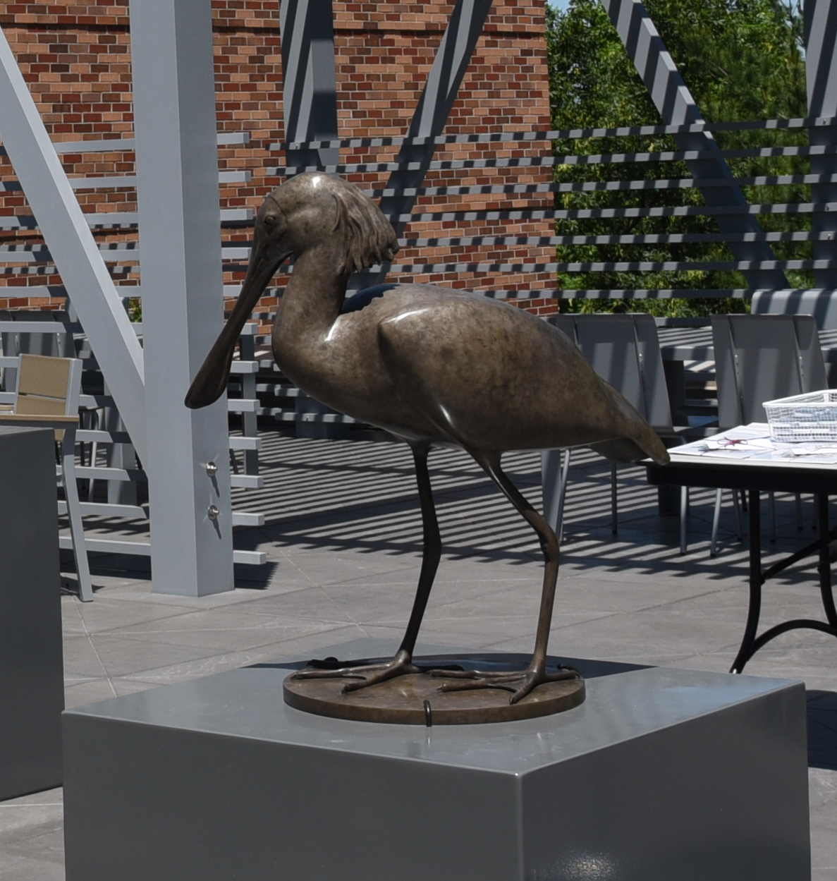 A bronze sculpture is of a spoonbill bird stands on tall legs as it looks downward. 
