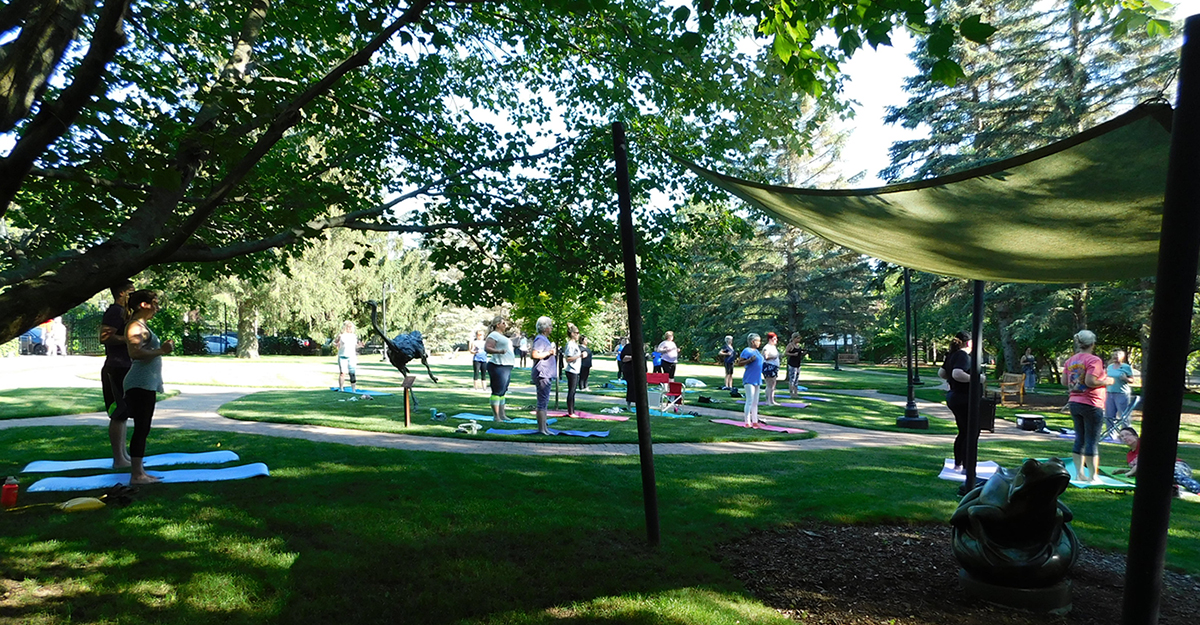 Yoga session participants stand with arms stretching upward on grass in the Museum Sculpture Garden.