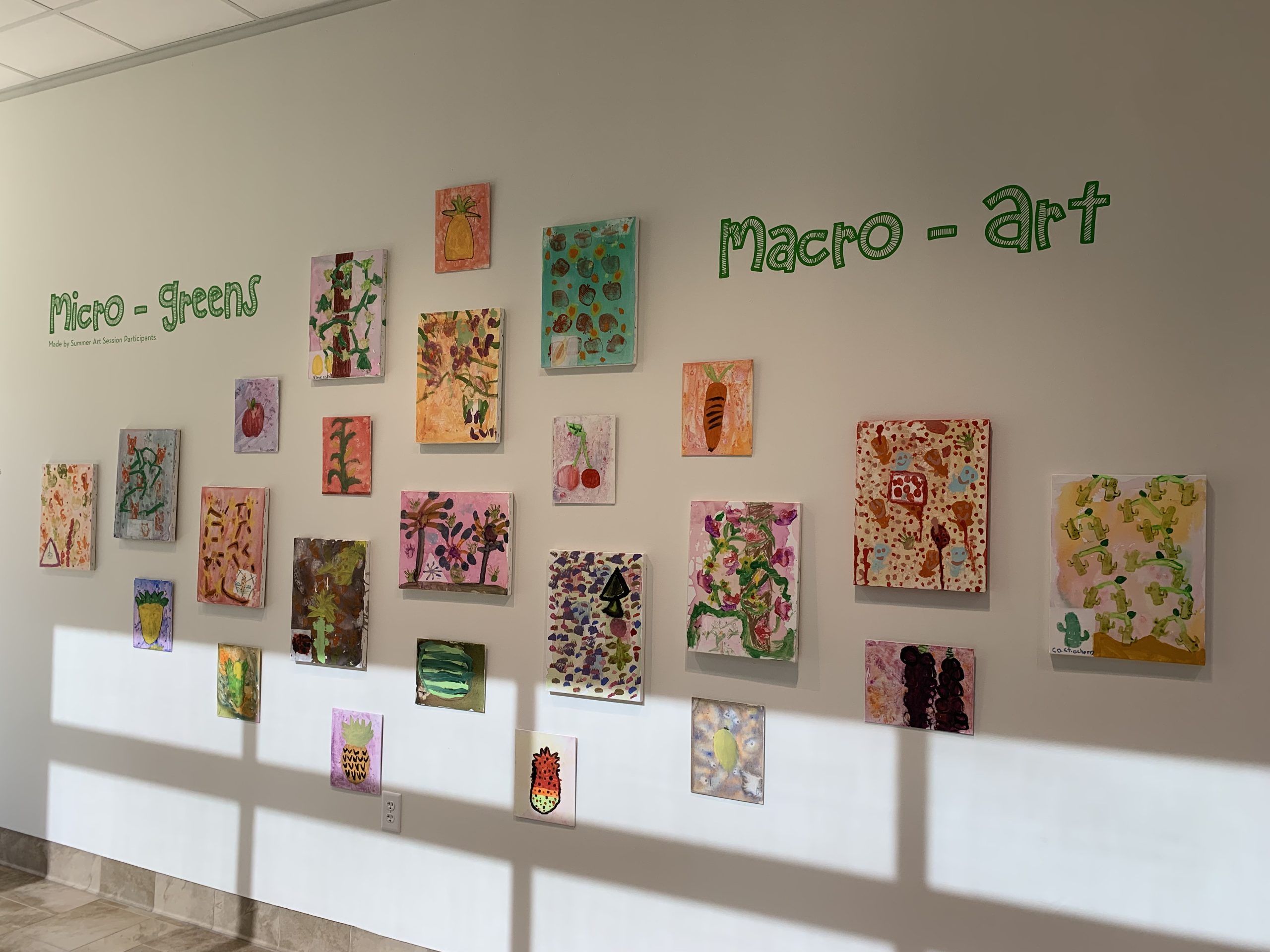 Image shows a display of botanical paintings created by younger Art Session participants; the paintings are hung in a large horizontal diamond shape, which stretches across the entire wall. The paintings are arranged in a loose, pattern, similar to a checkerboard or alternating up-and-down positions. 