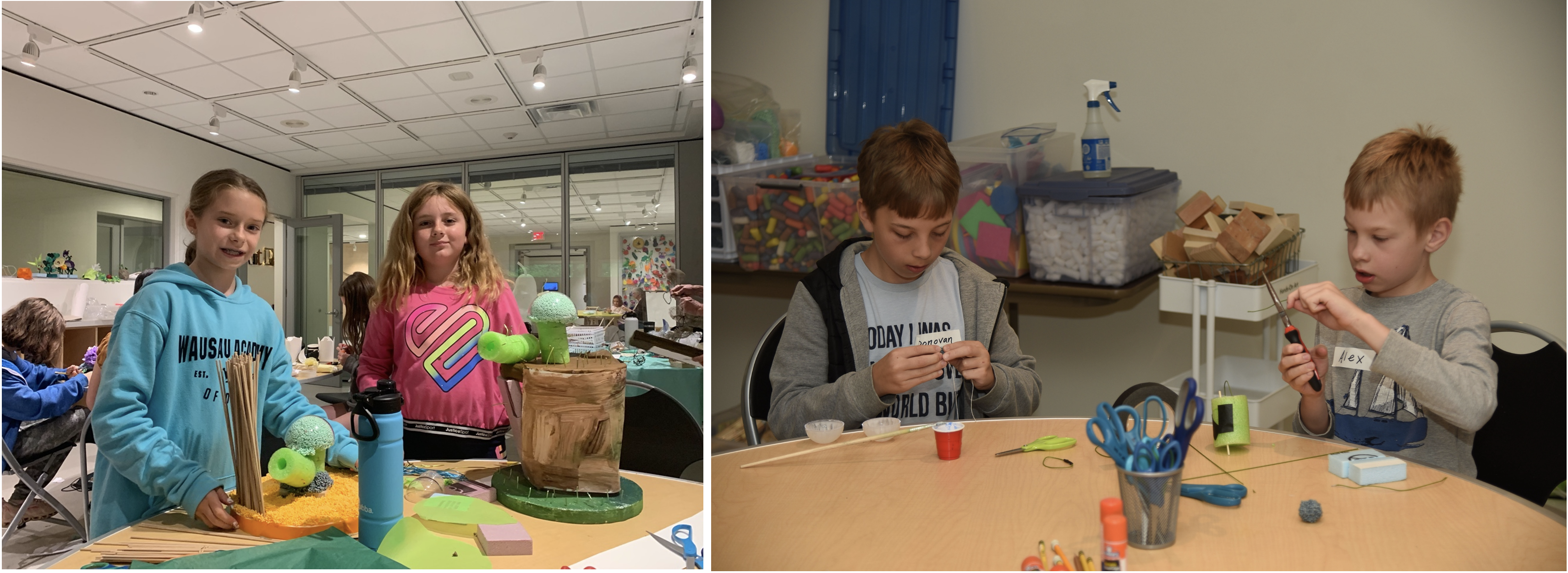 Two side-by-side images featuring older Summer Art Session participants in the Museum's classroom. The first image, on the lefthand side, is of two girls standing and smiling beside their botanical sculptures, which are sitting on top of a round, maple wood table with crafting materials scattered across it. The second, righthand-side image, shows two brothers sitting at a different round maple wood table, working on their sculpture projects.
