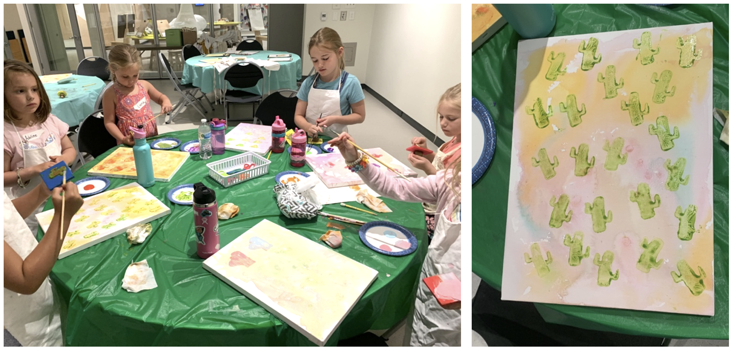 Two side-by-side images; in the left image, six female Art Session participants are standing around a round table with a green table cloth. Each girl is holding a paint brush and is adding paint to their botanical stamps, which they will transfer to their color-washed canvases. The second image, on the righthand side, shows one of the student's stamped paintings. The painting's background features light warm colors, that blend and mix together and over the background a bright green cactus shape has been stamped across the canvas. 