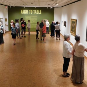 About 15 visitors stand in small groups while viewing artwork on Woodson Art Museum gallery walls.