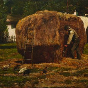 An oil painting of a farm scene features six chickens in the foreground near a large, round haystack where a ladder is leaning and a man is working. Trees, a wooden fence, and white building with green shutters is in the background..