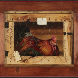 oil painting of rooster behind chicken wire cage, framed in wood