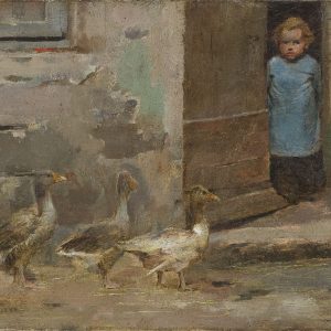 An oil painting depicts a young child in a blue tunic standing in a doorway of a stone building and looking out at three geese standing by a step in the foreground.