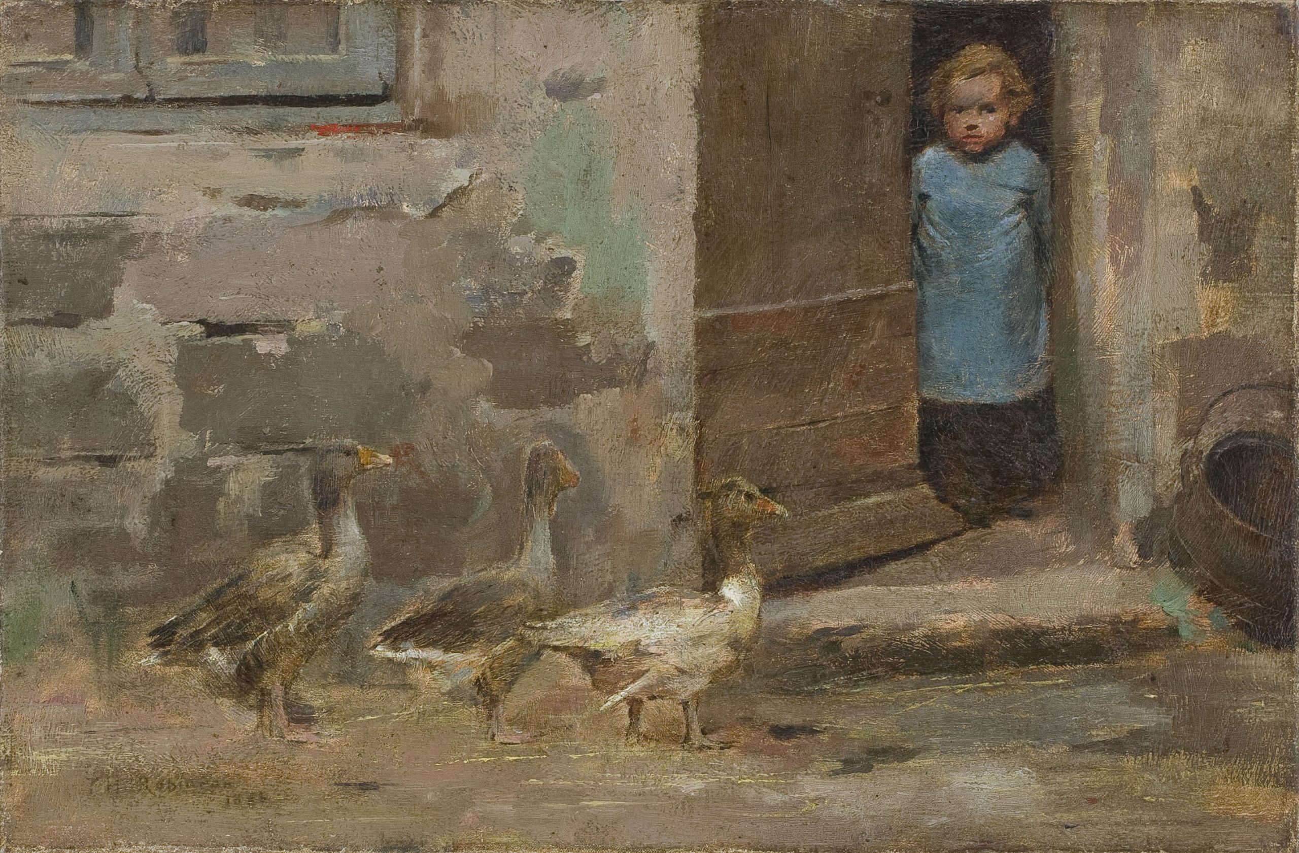 An oil painting depicts a young child in a blue tunic standing in a doorway of a stone building and looking out at three geese standing by a step in the foreground.