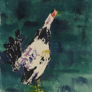 oil painting of abstract white rooster with a green-blue background