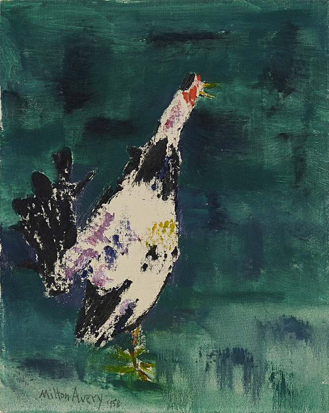 oil painting of abstract white rooster with a green-blue background