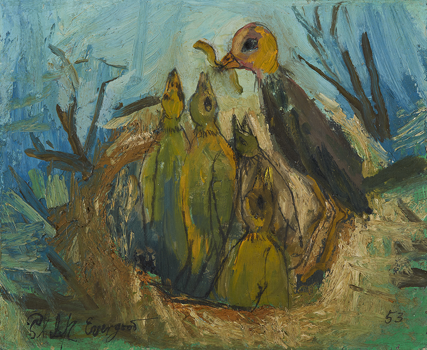 oil painting of a bird feeding four baby birds within a nest
