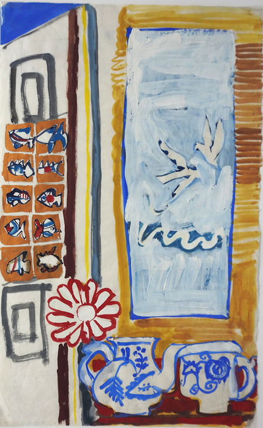 casein painting featuring a small white and blue teapot and cup a-fixed on top of a small table with another painting of two white birds behind them. Next to the two white birds painting stands another with several fish in a uniform postion