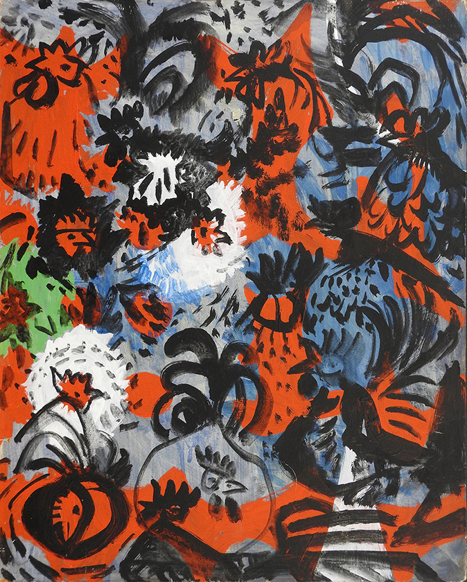 painting featuring several black outlined chickens and roosters withe a blue, red, green, and white background