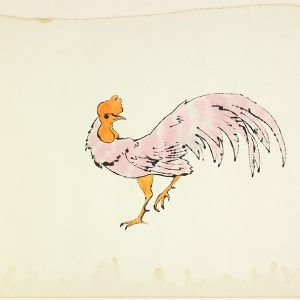 This ink and watercolor painting depicts a pink rooster with orange head and legs. The standing rooster, seen from the side, looks backward with its left foot raised.