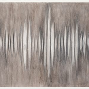On a beige and gray background, white vertical discs visually represent sound waves