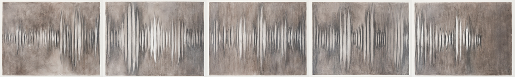 On a beige and gray background, white vertical discs visually represent sound waves