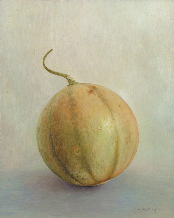 painting of a tan melon with light orange highlights and pale green vertical stripes and stem.