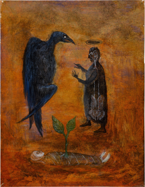 A large bird and man in black standing with a third figure at their feet.