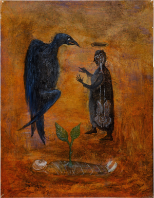 A large bird and man in black standing with a third figure at their feet. 