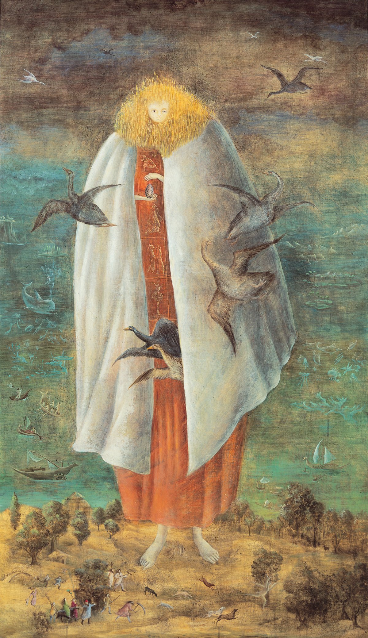A giant woman standing dressed in red and white with birds circling around her.