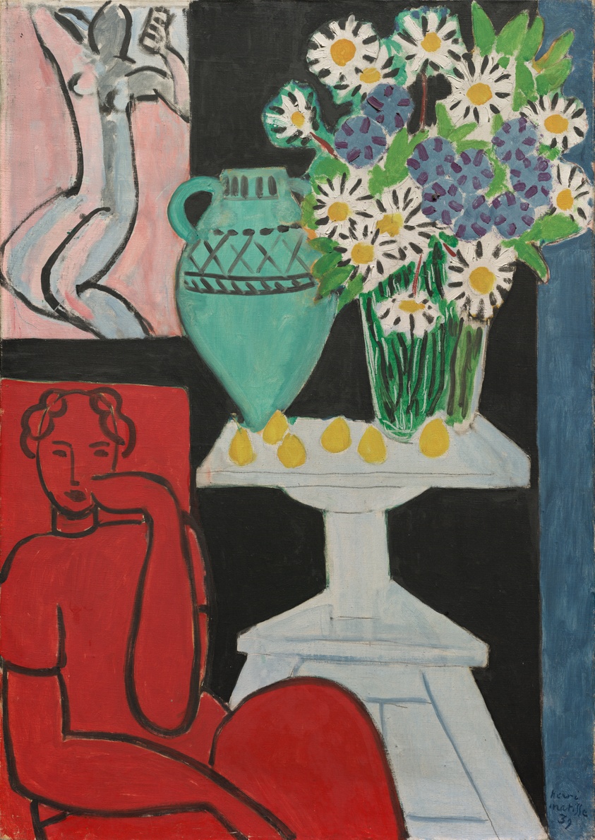 A painting of a large bouquet of daisies sits on a white pedestal next to a green vase. An outlined figure in red sits next to it. A nude figure in outline rests above.