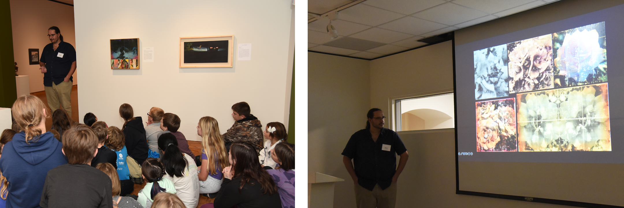 (left) Students sit on the floor in a gallery surrounding Birds in Art artist Sean Russell as he discusses his artwork. (Right) Sean Russell stands next to a screen with projected images of his mixed-media artworks