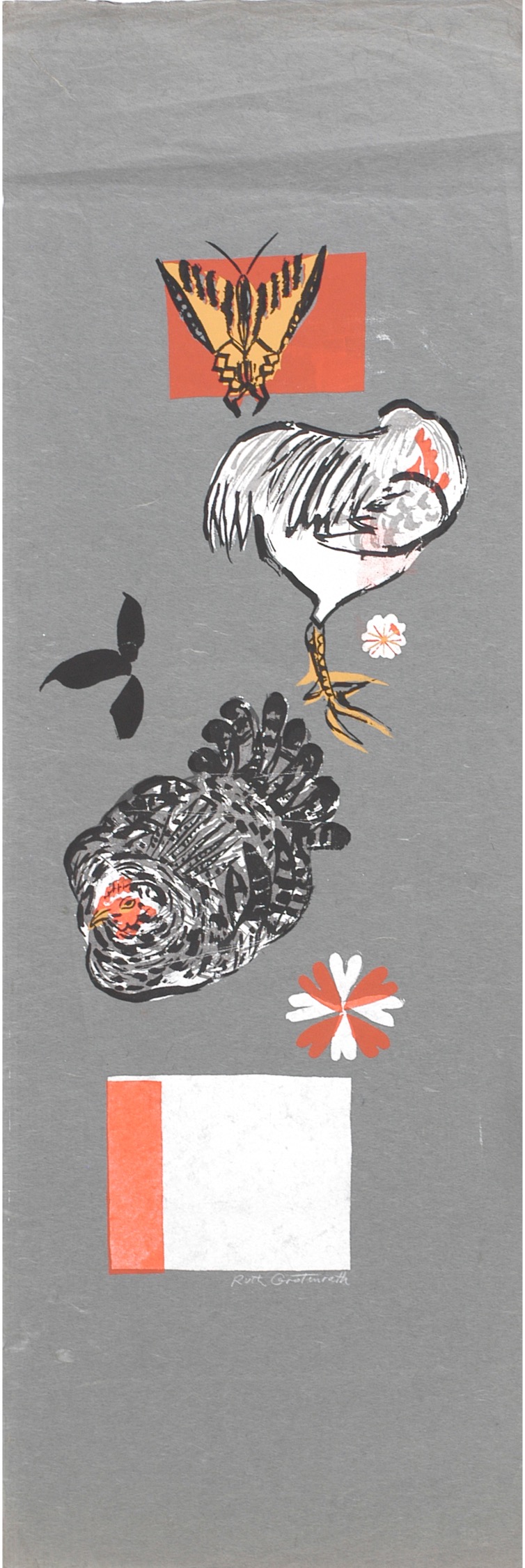 A print showing square fields of cut-out color, two chickens resting, and a butterfly.