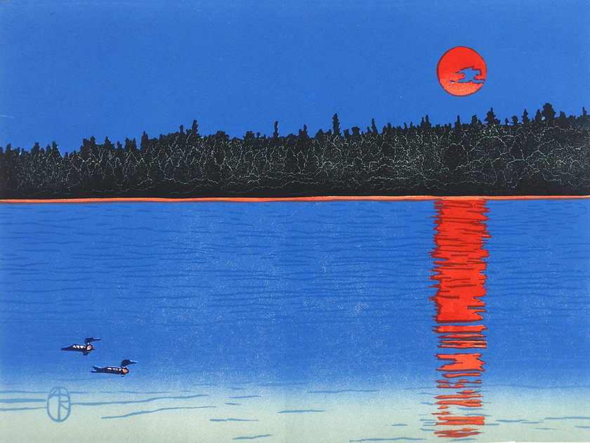 Two loons slide on a blue lake's surface where a red sun is reflected in the water. Dark tree silhouettes line the shore beneath a darkening blue twilight sky.