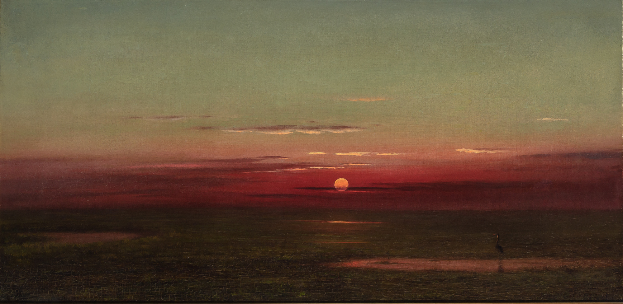 A painting showing a sunset on the marshes in pink and blue. A heron stands in shadows in the lower right corner.