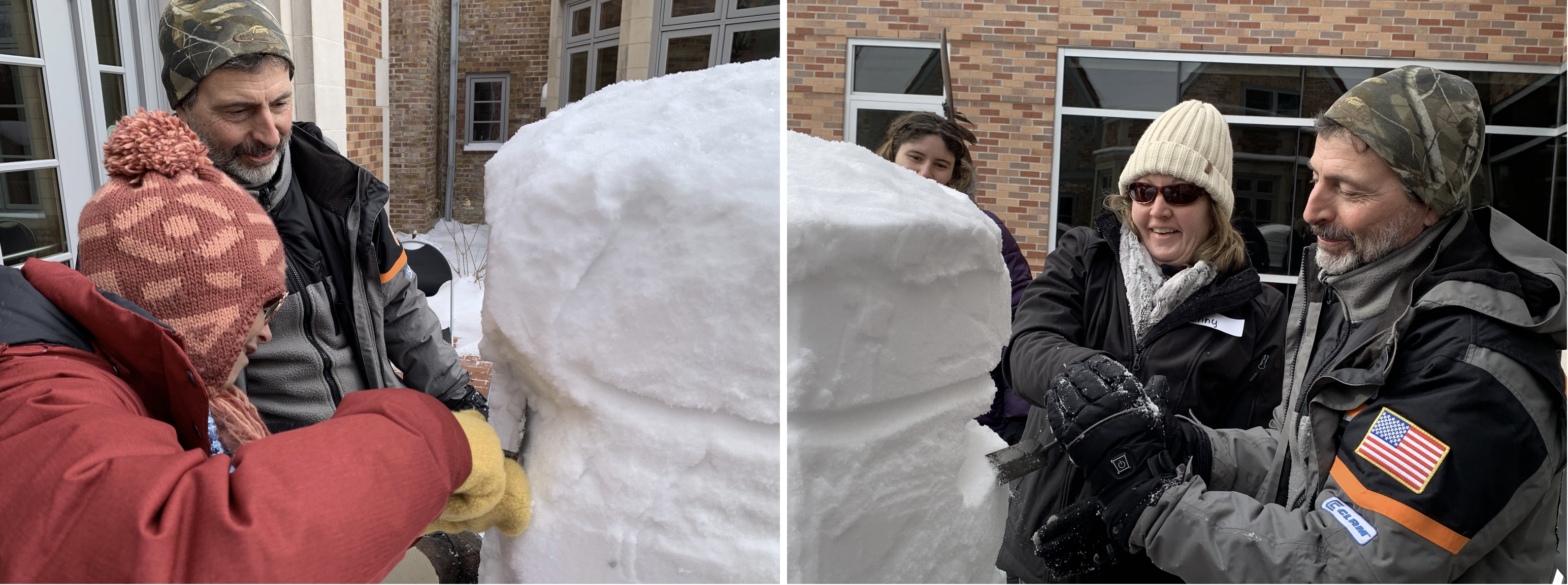 Two side-by-side photographs of Art Beyond Sight participants carve a block of snow with sculptor Mike Martino outside the Museum's main entrance.