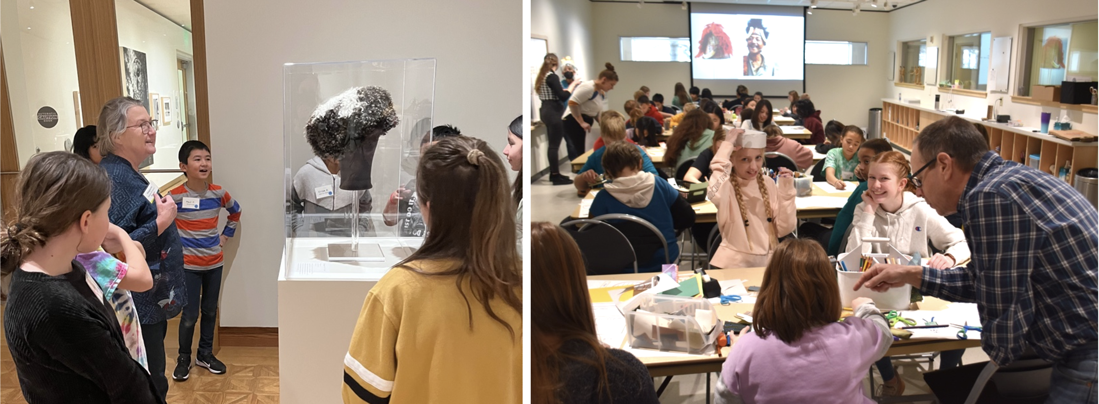 Two side-by-side images, on the left a group of students and docent smile while they view a curly sheepskin hat on view in galleries; the second image on the right shows Museum classroom filled with tables of students making paper hats while a Museum staff member tells to the group at the closest table in the photograph.