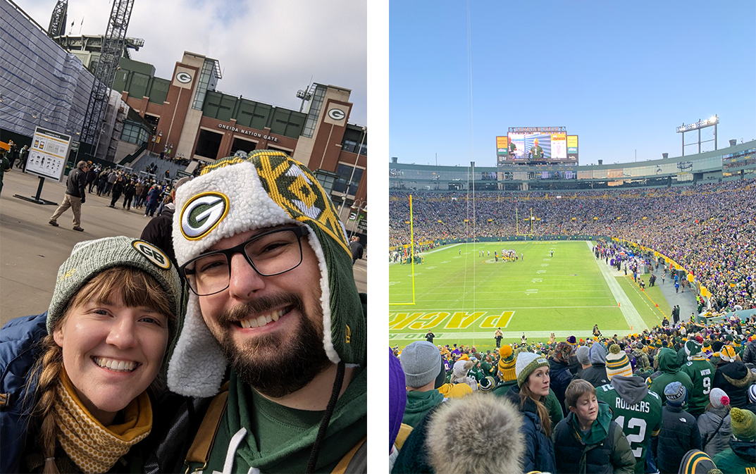Selfie at a green bay packers game with couple wearing hats and an image of the field with all fans wearing hats