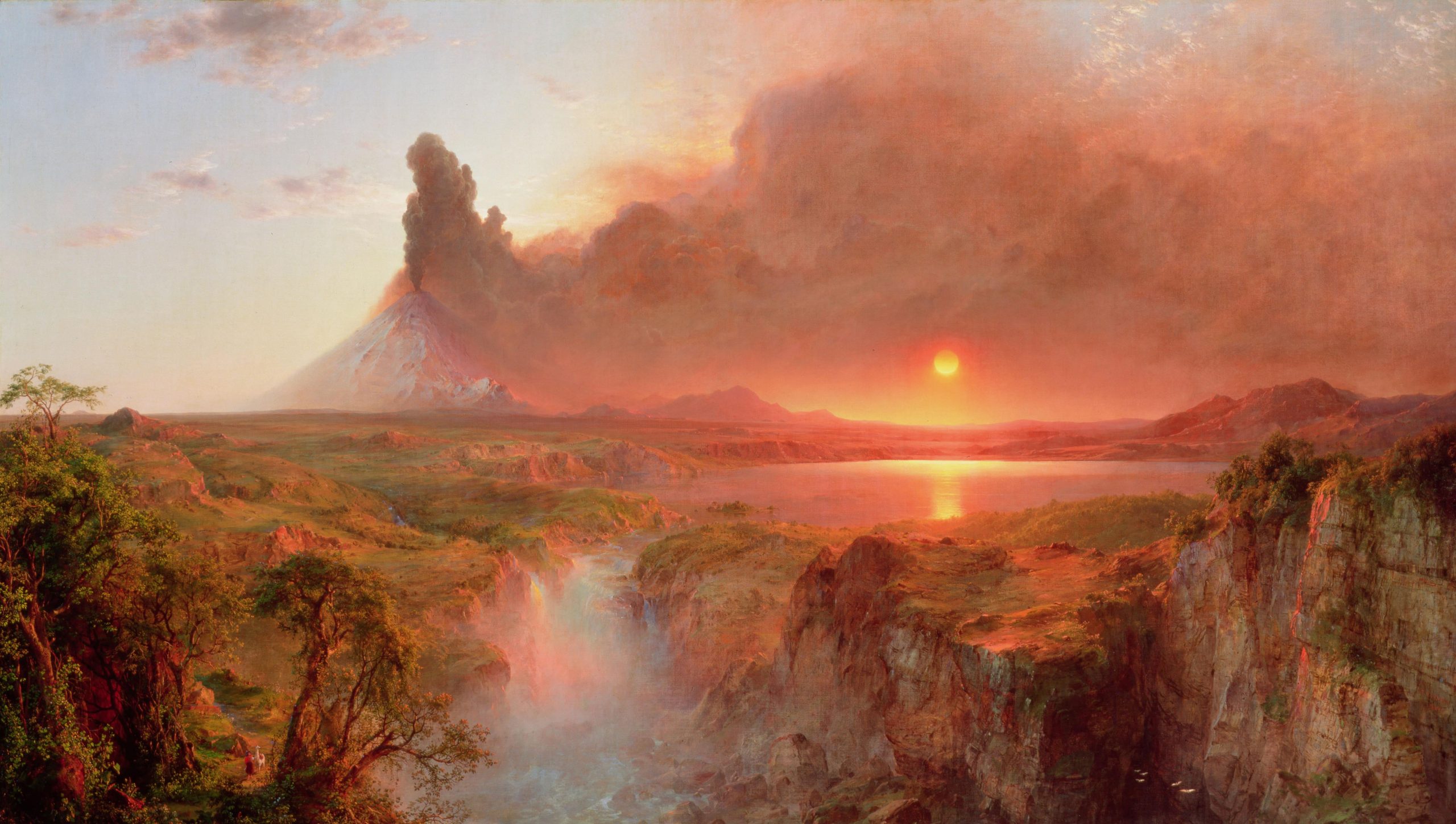 A painting showing a jagged cliff and valley. A large volcano erupts the background. The sun is setting and casting a reflection on a lake.