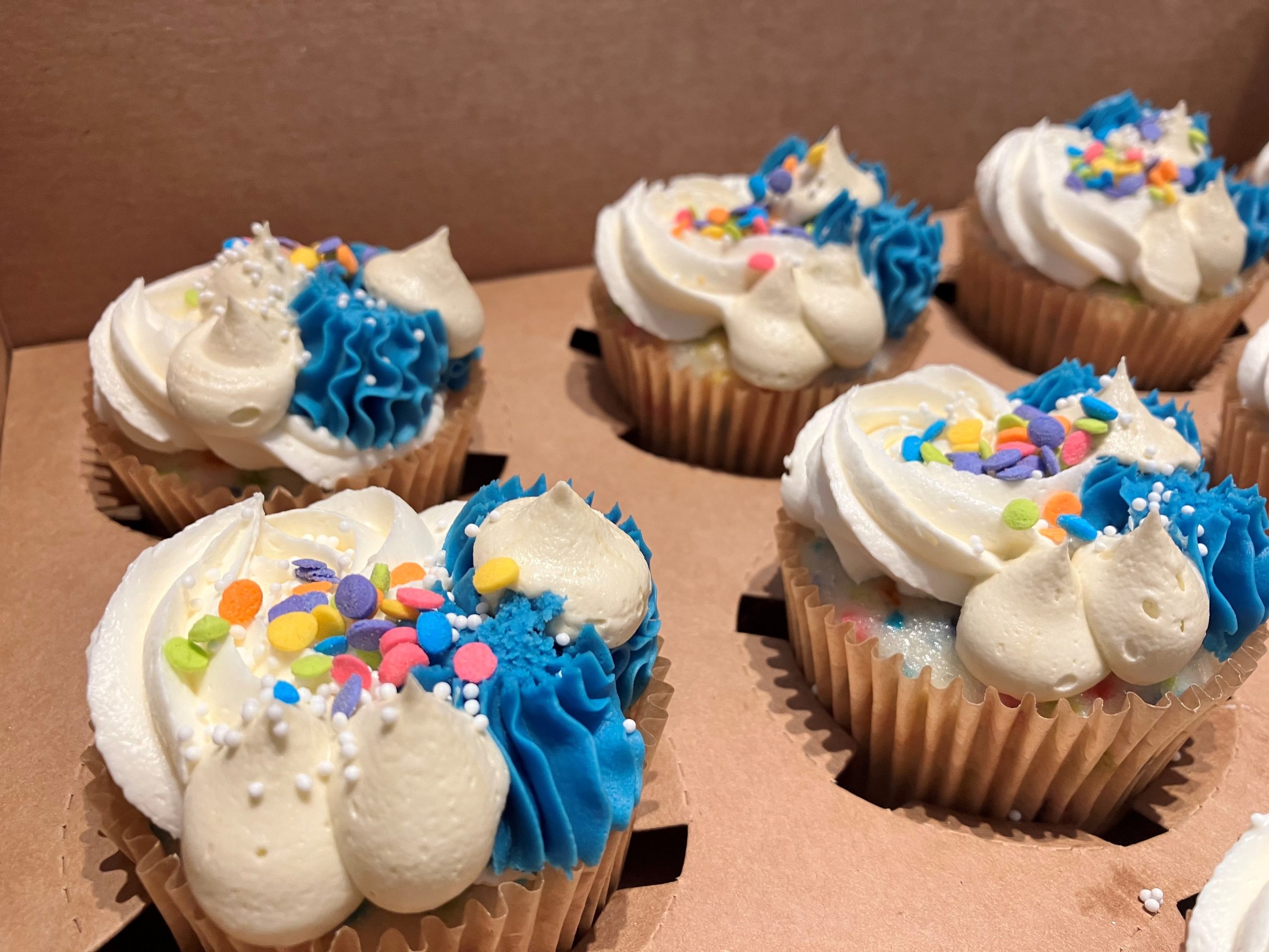 This photo shows cupcakes decorated with white and blue frosting