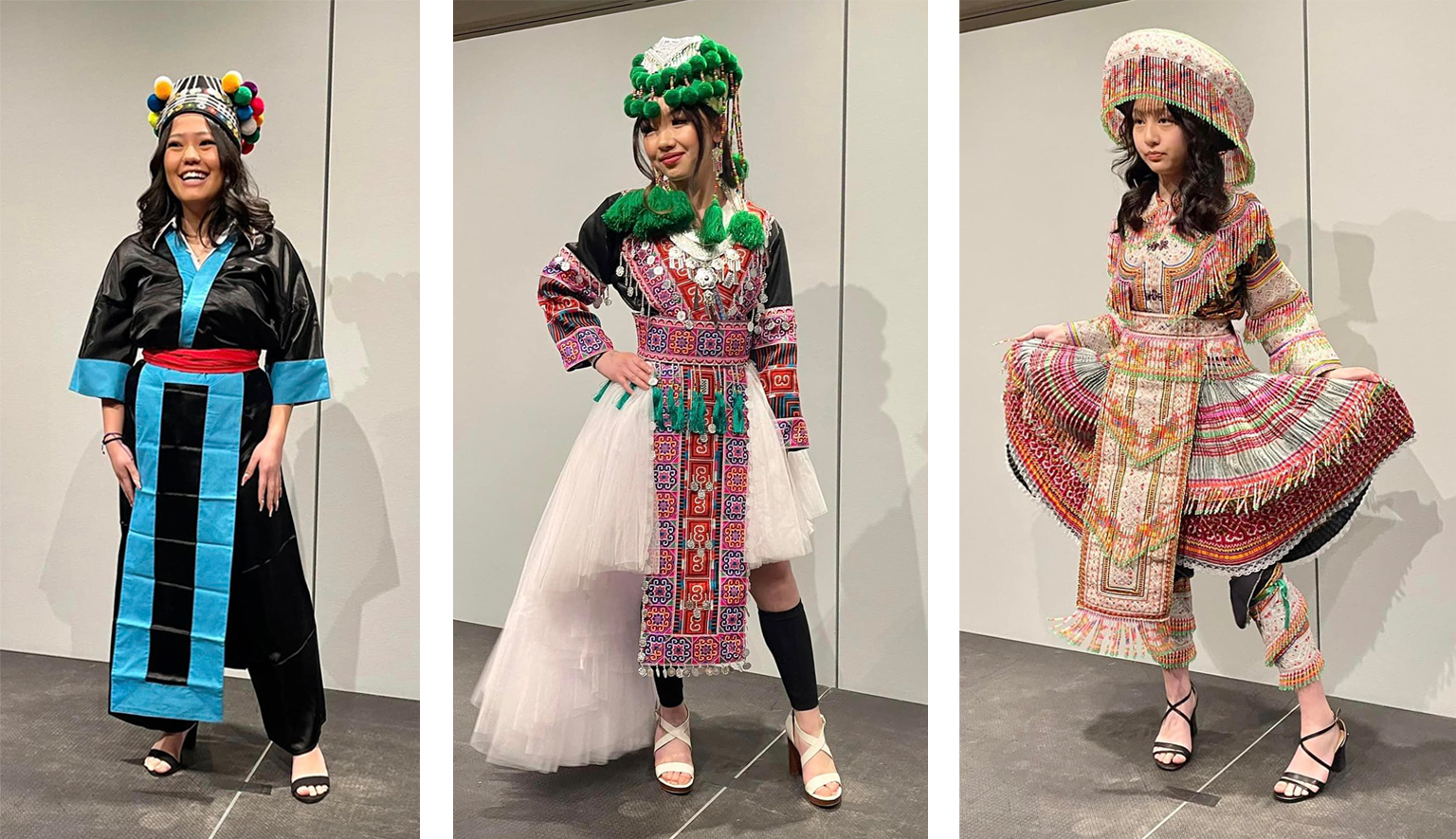 Three young models pose wearing traditional and cultural Hmong clothing.
