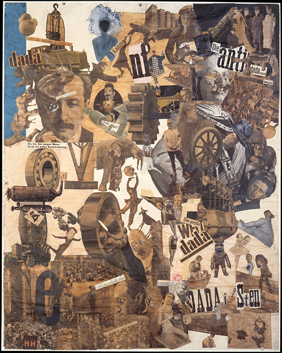 Collage created by German artist Hannah Höch that features photographs and imagery in sepia tones depicting various people, objects, and text in an all-over composition.