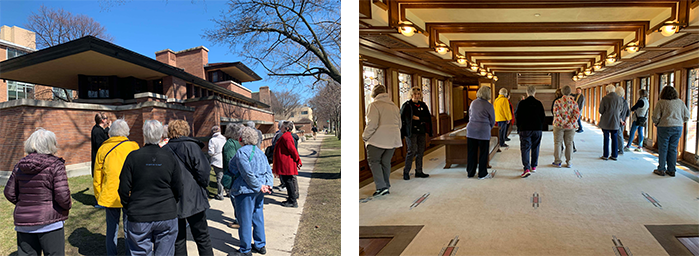 a group looks at the Robie house and example of mid-century architecture by Frank Lloyd Wright