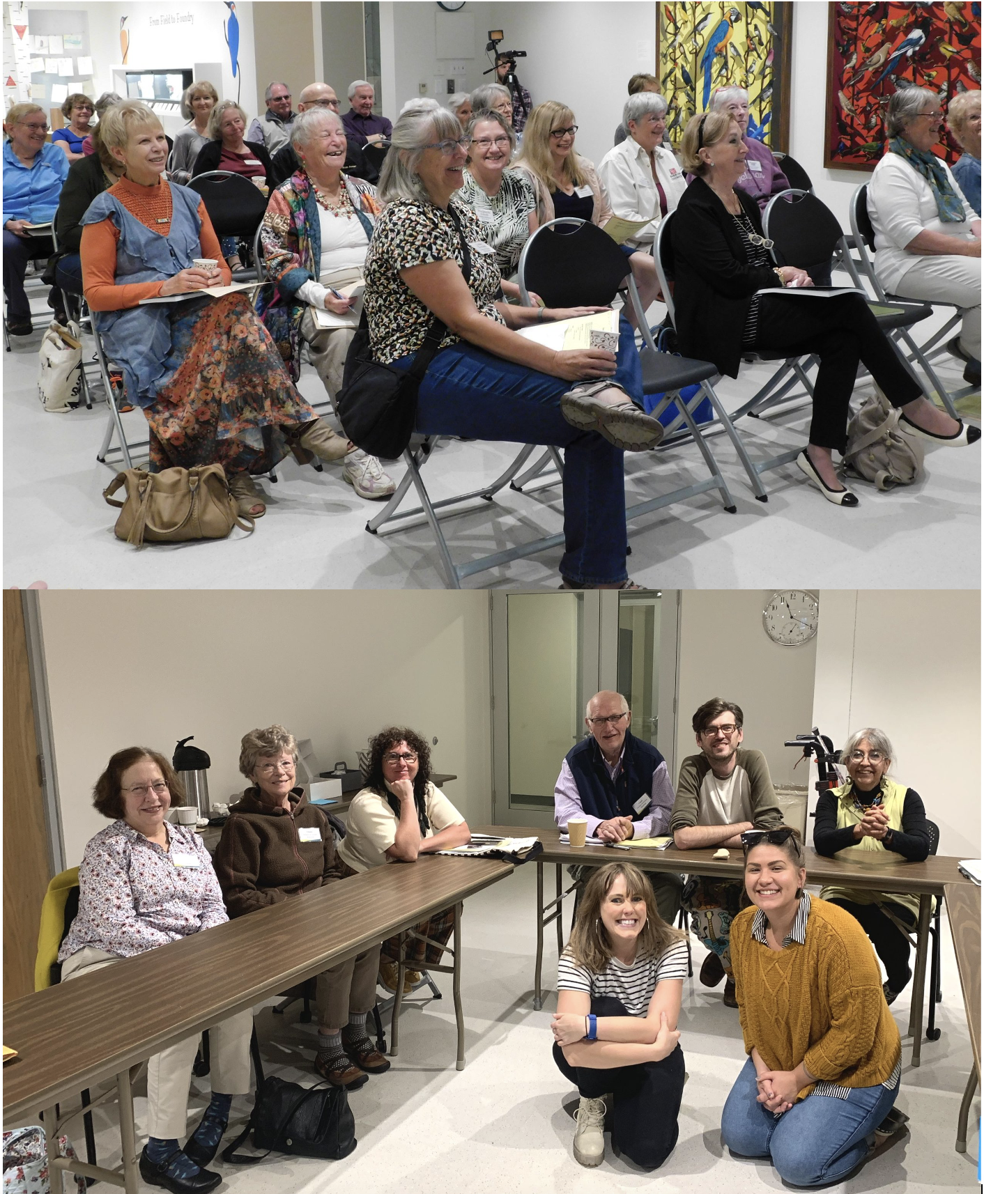 Two photographs of groups of volunteer docents. The first image is a candid picture of docents seated in a group during a training, the second image shows Museum educators Catie and Rachel posing with the most recent class of new Museum docents. 