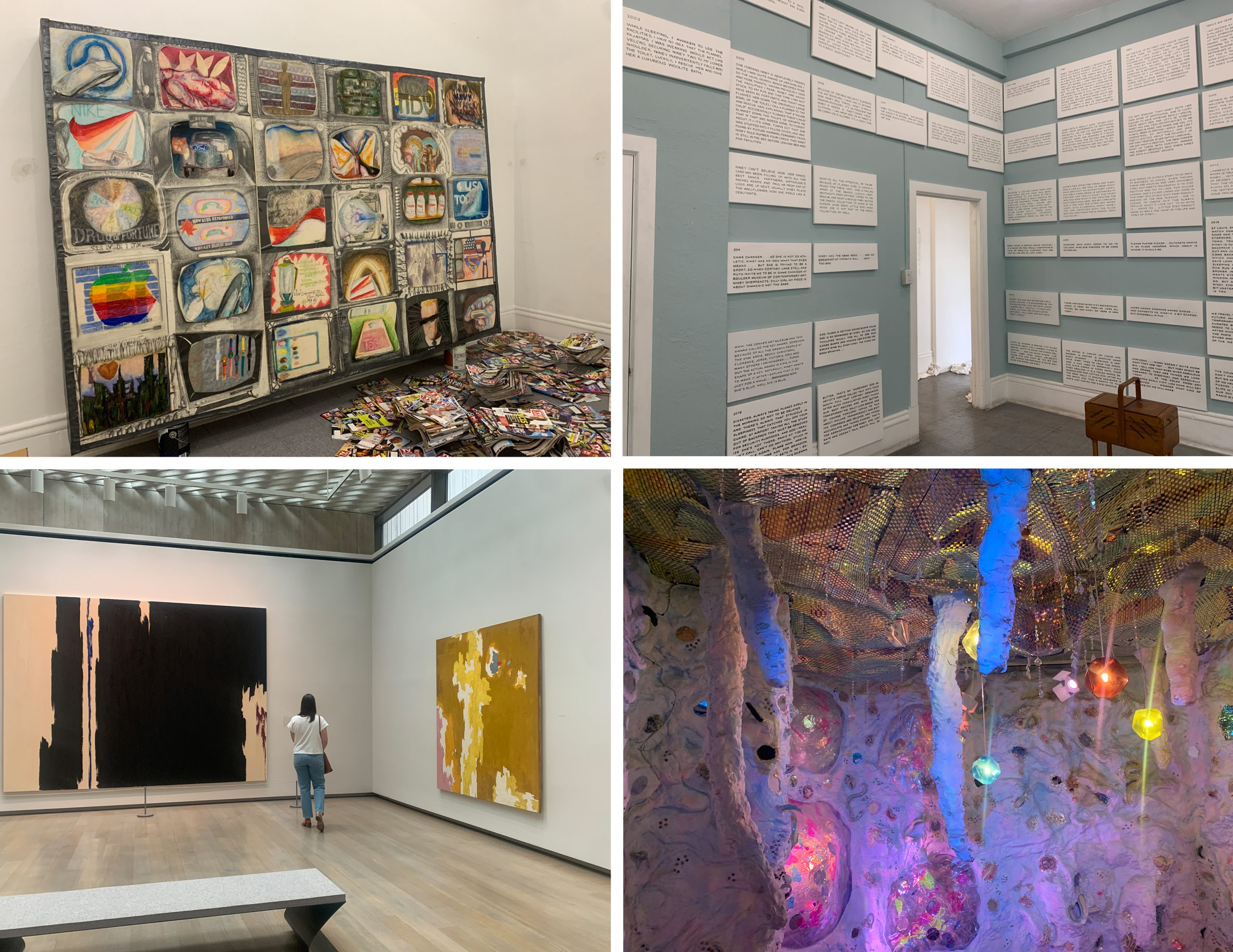 The image is sectioned into four parts. The top left depicts a colorful painting made up of CRT TVs, sitting next to every issue of TV guide. The top right depicts a room lined with paintings floor to ceiling that are filled with text. The bottom left image shows a gallery space at the Clyfford Still Museum, and the bottom right image depicts an immersive installation made to look like a cave with gemstones at Meow Wolf. 
