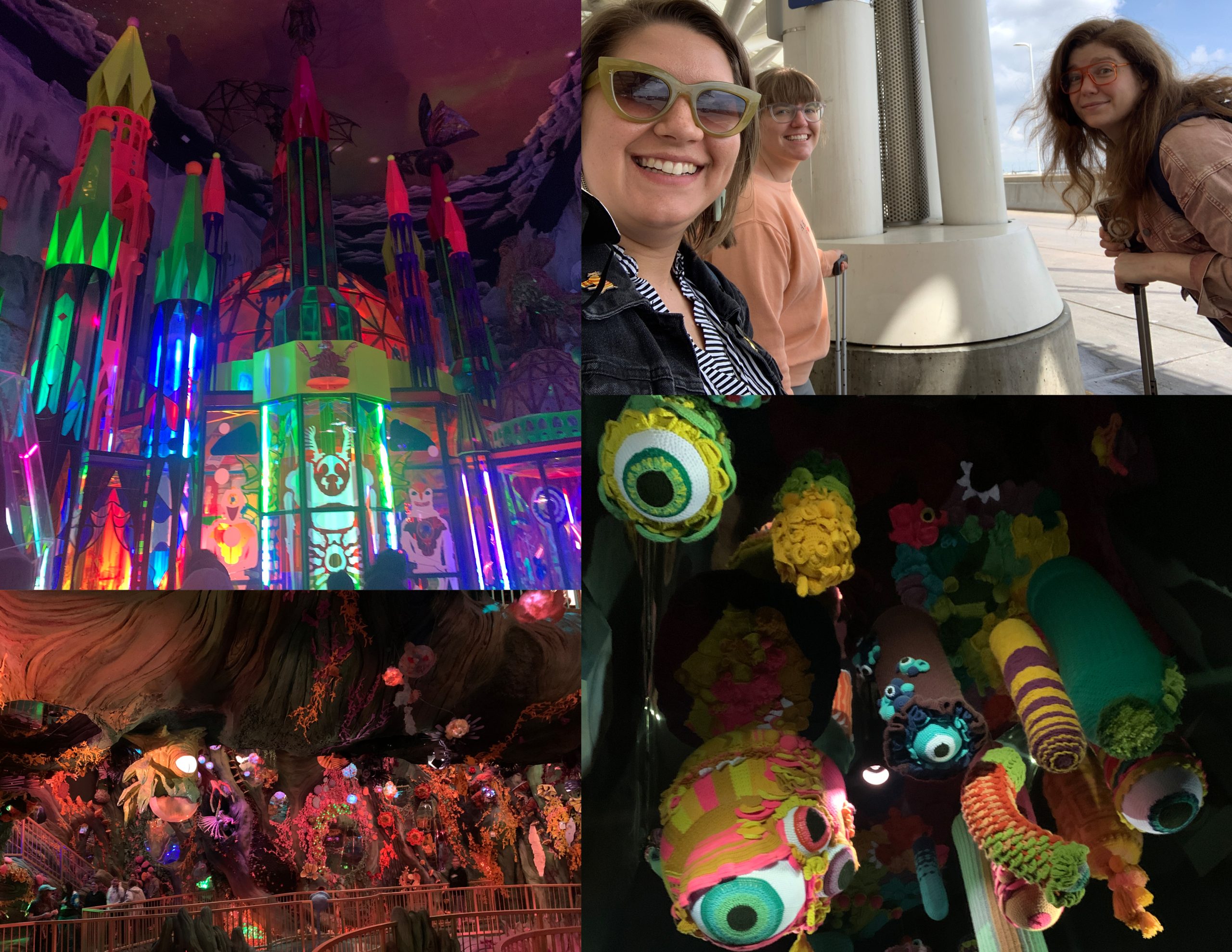 The image shows three immersive, colorful installations at Meow Wolf. The top left depicts a castle-like structure with colorful lights, the bottom left looks like a forest, and the bottom right are sculptural eyeballs made out of fiber hanging down from the ceiling. The top right picture shows Museum staff members Rachel, Elaina, and Amalia waiting outside the Denver ariport. 