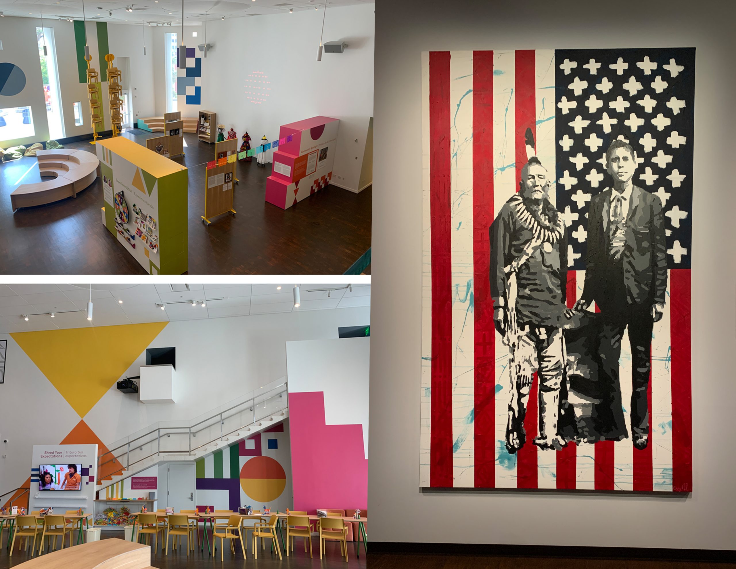 The image is sectioned in two parts, the right side depicts two views of an interactive, hands-on space at the Denver Art Museum with colorful blocks of color adorning on the walls. The space is filled with uniquely shaped furniture and art materials. The left part of the image shows an Indigenous man standing with a man in a suit, but both figures are painted atop a facade of the American flag. The painting was created by artist Gregg Deal. 