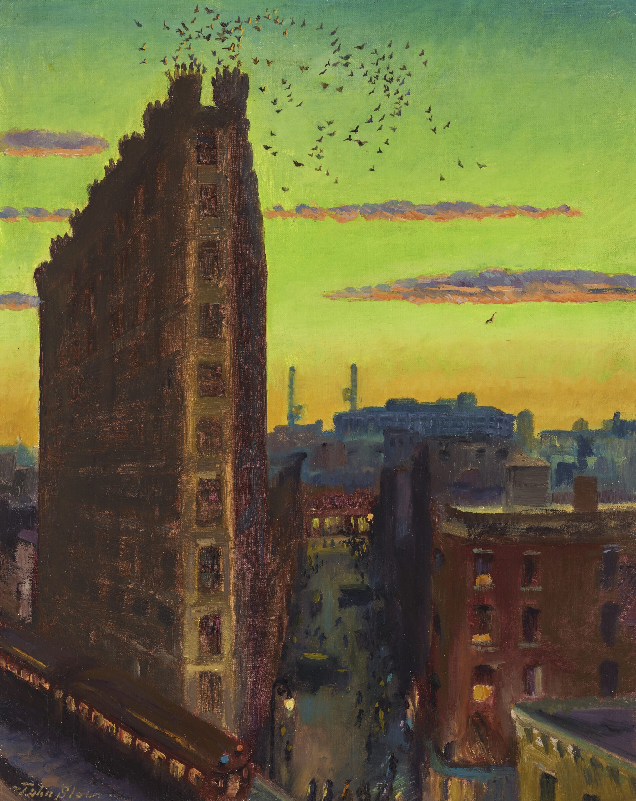 A New York street scene set against a sunset.
