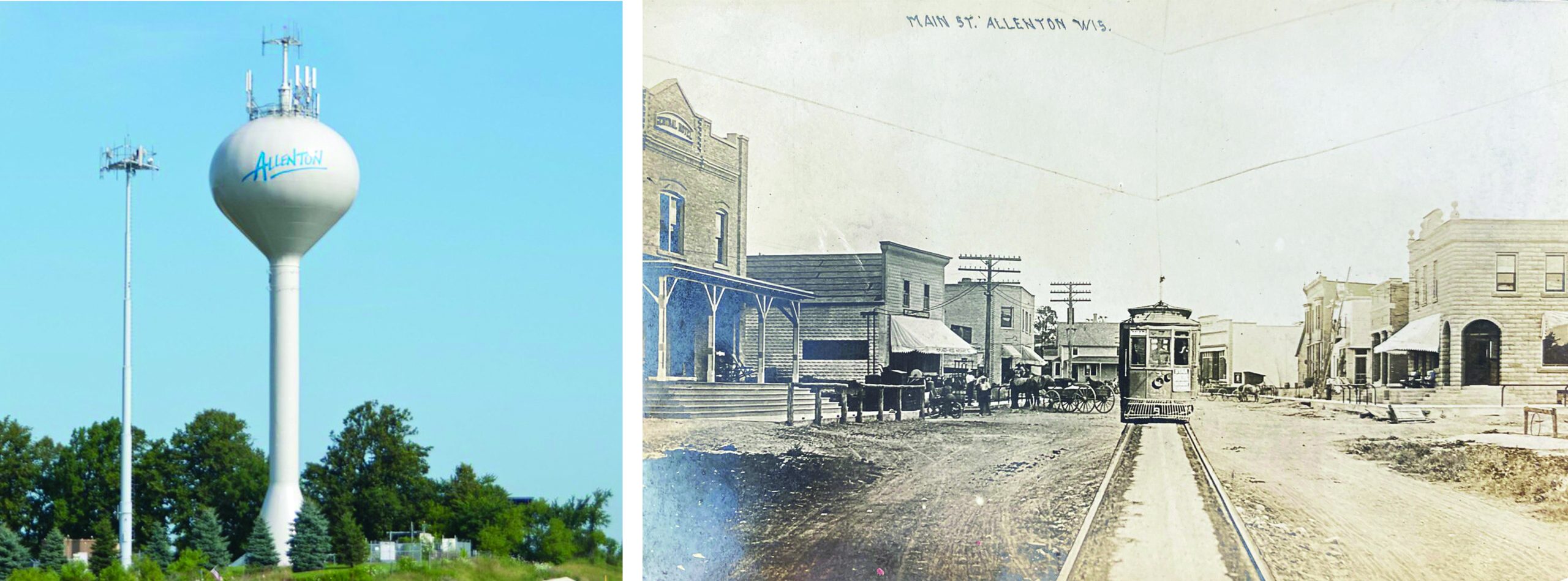A white water tower with blue lettering that reads "Allenton" sits left in the image frame. The right side depicts Allenton as a historic town in 1913 with a train on tracks surrounded by brick buildings. 