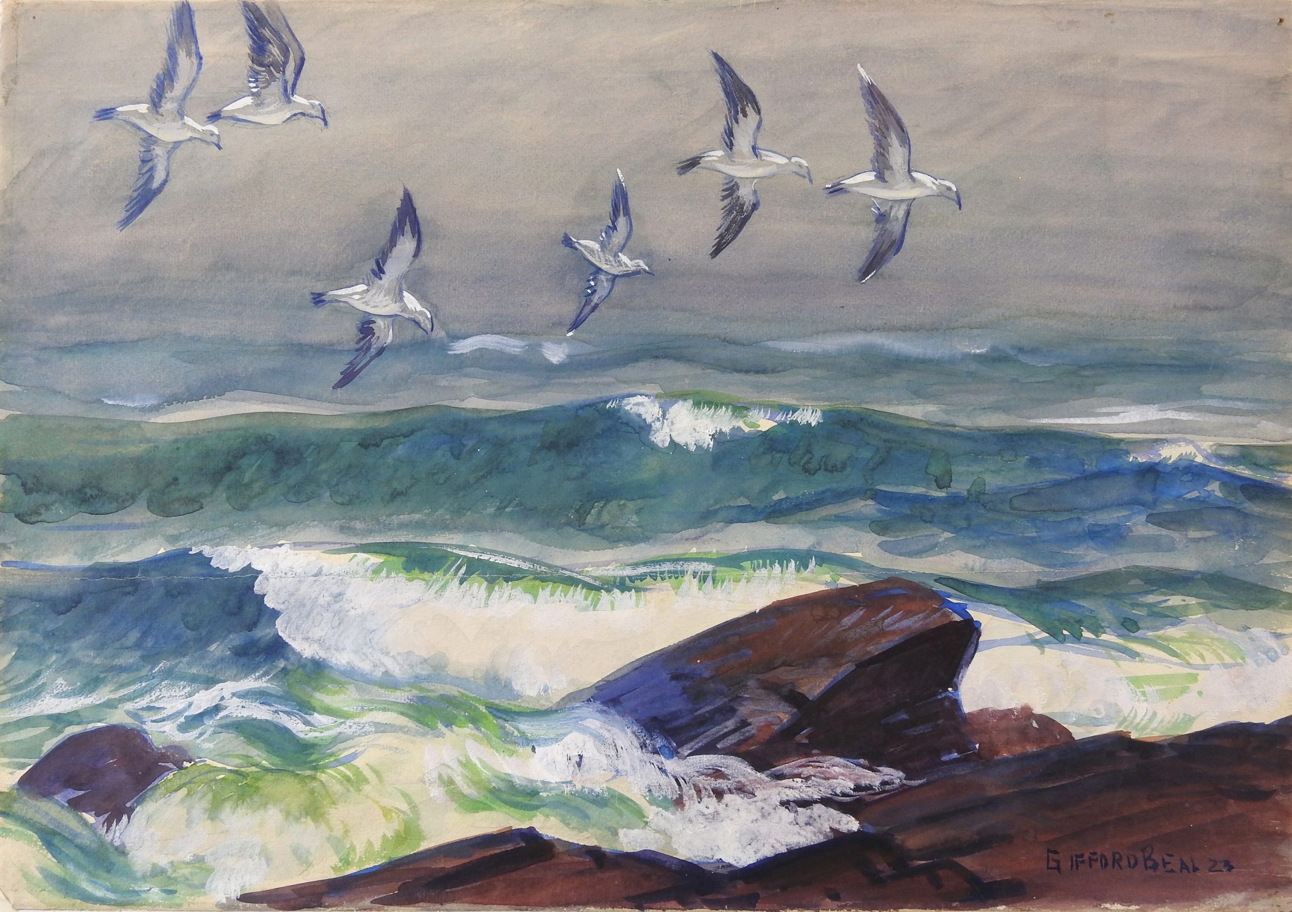 This is an image of a Gifford Beal painting with gulls above waves on the sea