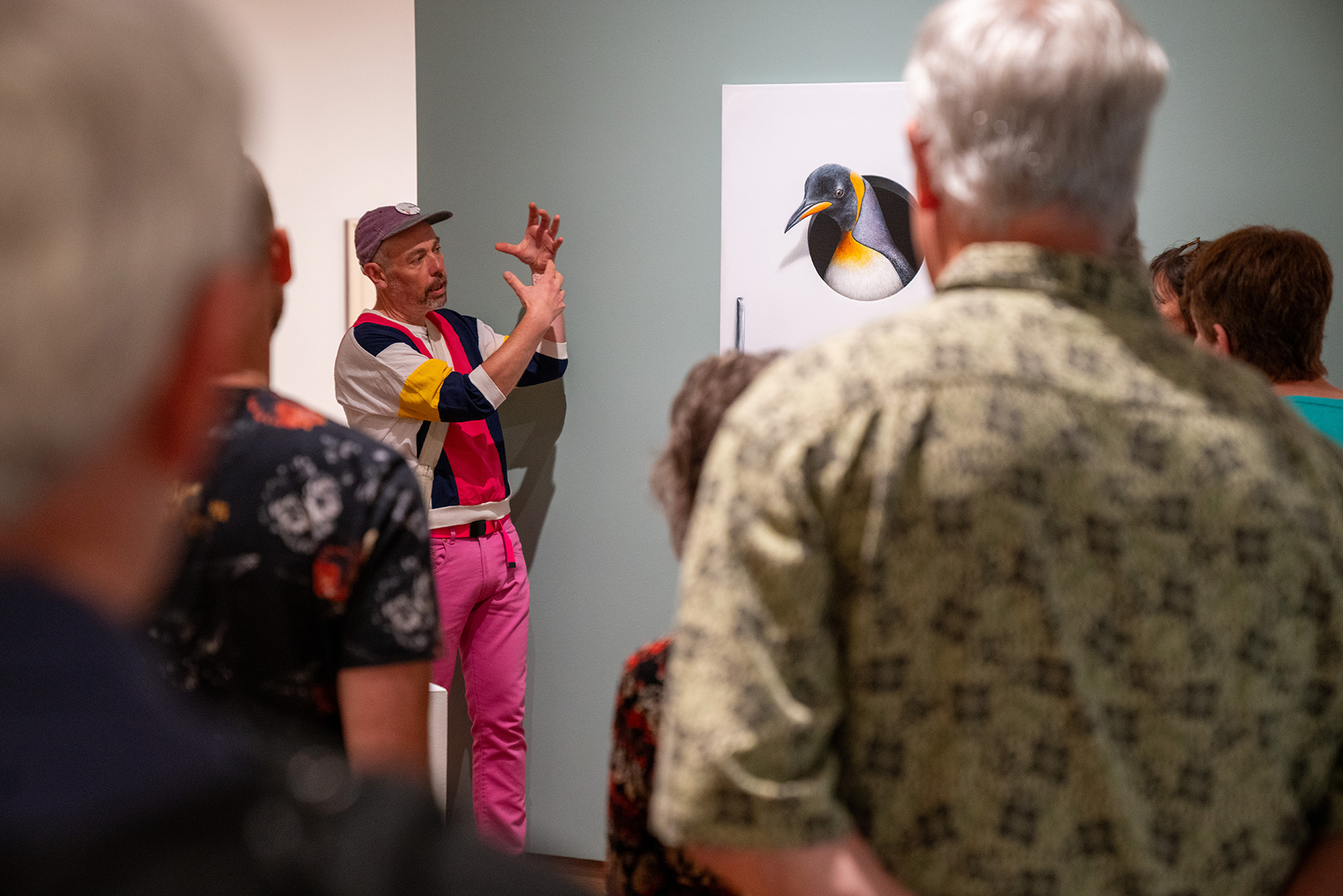 Tom Hill talks in front of Marcel Witte's artwork during a Members Preview Gallery Chat