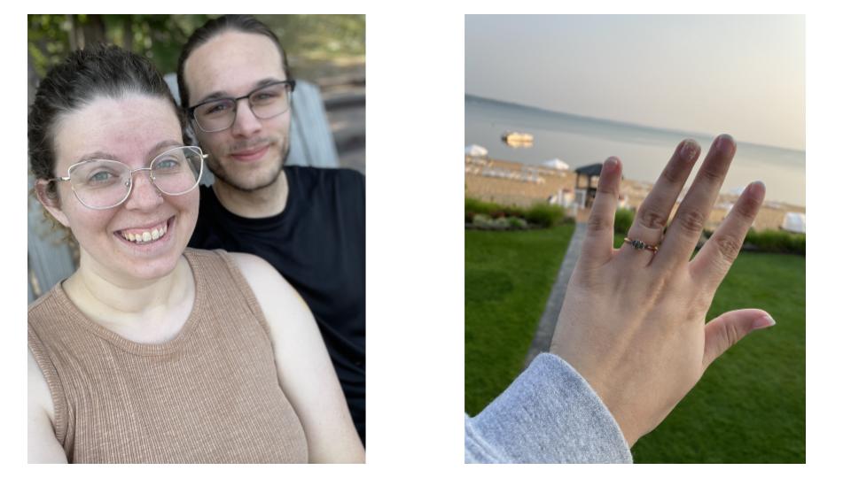 Left image: Emily and her partner Jason relaxing at a winery. Right image: Close up of the engagement ring post-proposal.