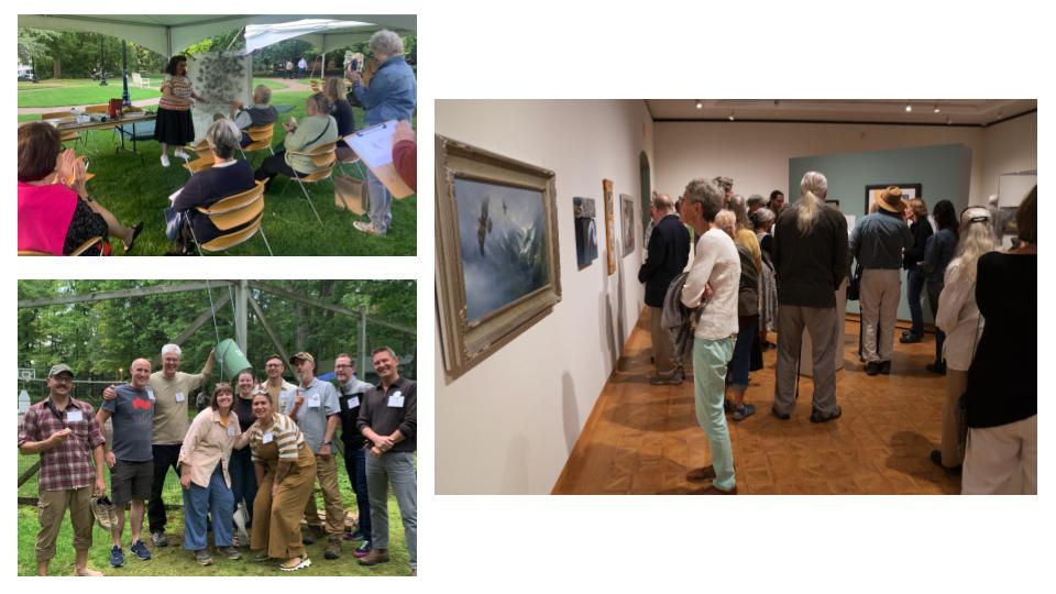 Top left: Mary Apikos giving an Artist in Action talk. Bottom Left: The winning barrel golf team up north. Right: A variety of patrons exploring the galleries during the opening weekend.